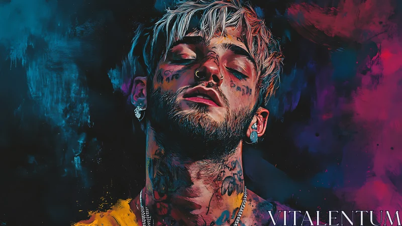 Tattooed male portrait in saturated abstract background.