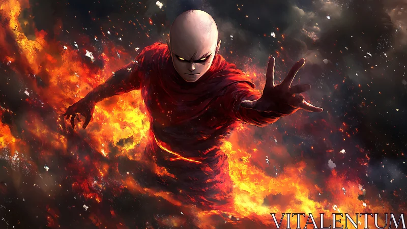 Bald humanoid figure advancing through dense surrounding fire.