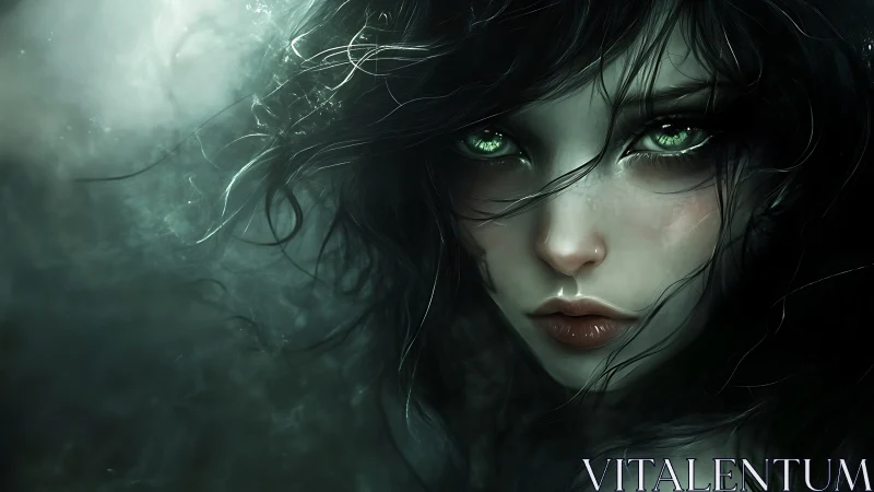 Digital portrait shows pale female face with luminous green eyes