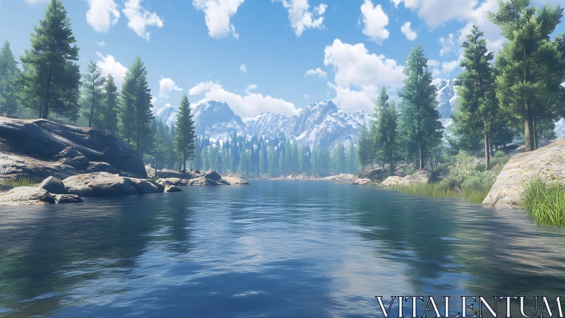 Snowcapped mountains above reflective alpine river vista.
