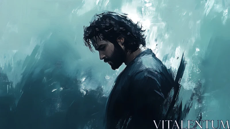 Solitary man in blue haze rendered with painterly strokes