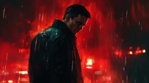 Brooding man in neon rain against red urban glow.