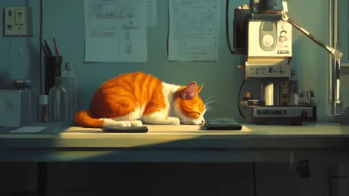 Orange and White Cat Working at Laboratory Desk