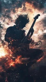 Guitarist Leaping Through Cosmic Fire and Electric Sky.