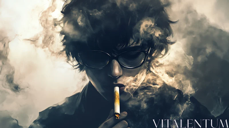 Moody smoker drifting in swirling clouds of shadowed smoke.