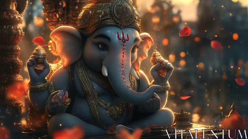 Highly detailed 3D render of ornate Ganesha idol in warm bokeh light