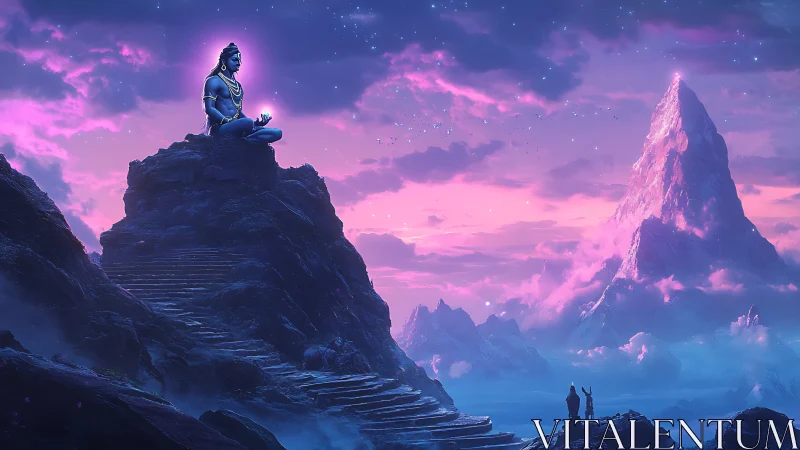 Meditating deity on mountain peak under twilight sky.