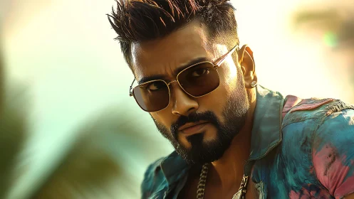 Bearded man with sunglasses in outdoor close portrait view.