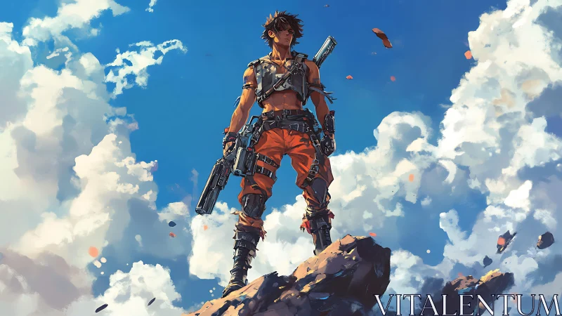 Postapocalyptic skyward ranger framed by cinematic clouds.