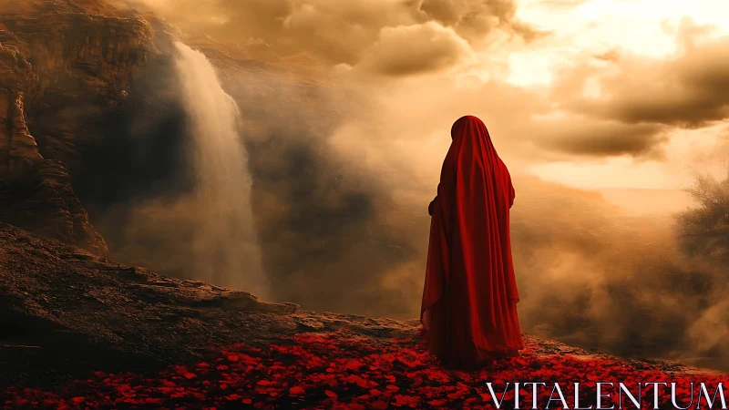 Draped figure in red observes foggy cliff waterfall at dusk