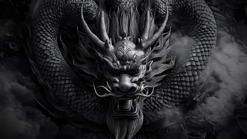 Monochrome serpentine dragon head in dense curling smoke.