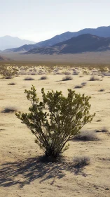 Solitary desert shrub casting long shadows toward blue ridges.