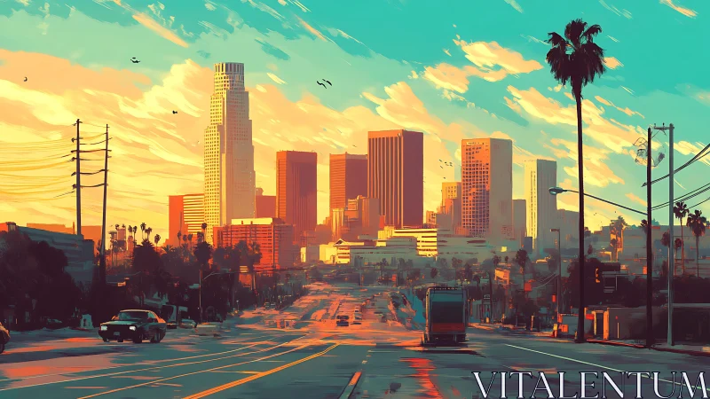 Sunlit Los Angeles skyline over palm lined urban avenue.