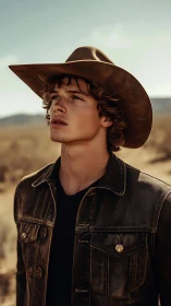 Young cowboy portrait under bright desert sunlight.