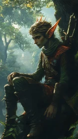 Fantasy digital painting of elven ranger in mossy forest light.