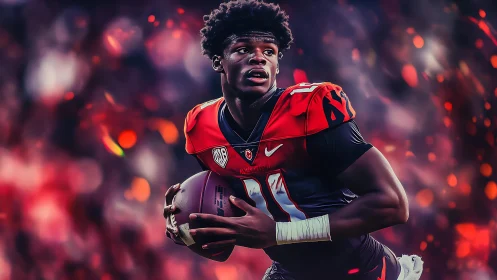 Powerful football player sprints forward under glowing lights