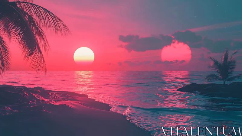 Dual neon suns illuminate stylized tropical ocean horizon