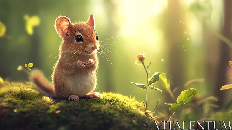 Tiny forest mouse pausing in a sunlit, magical clearing.