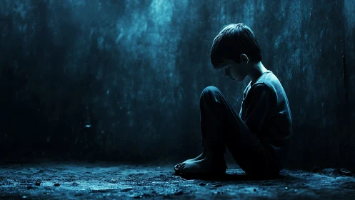 Boy sits against textured wall in low blue-toned lighting