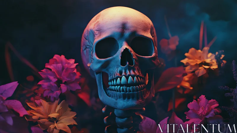 Fluorescent human skull amid neon flowers at night.
