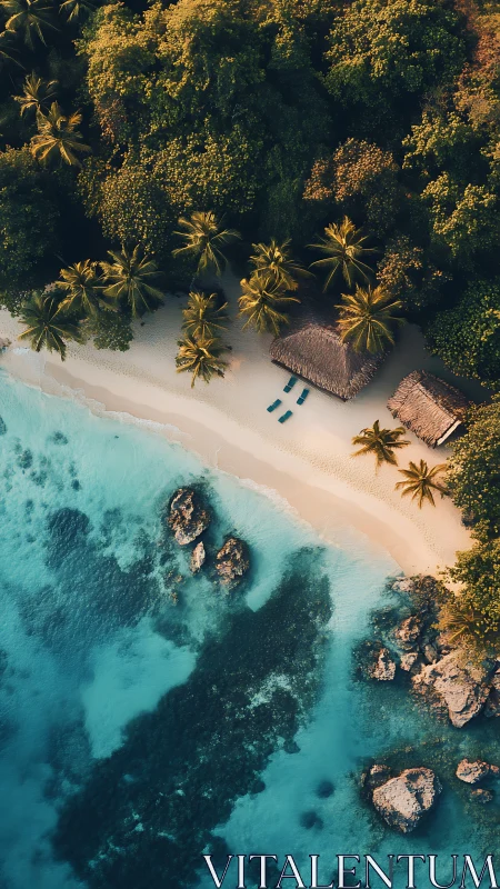 Aerial view of tropical beach with palm trees and thatched bungalows