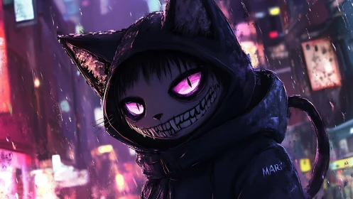 Neon city alley with sinister cat hooded figure at night.