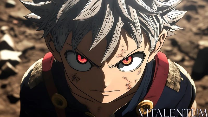 Battle-scarred anime hero with molten eyes of resolve.
