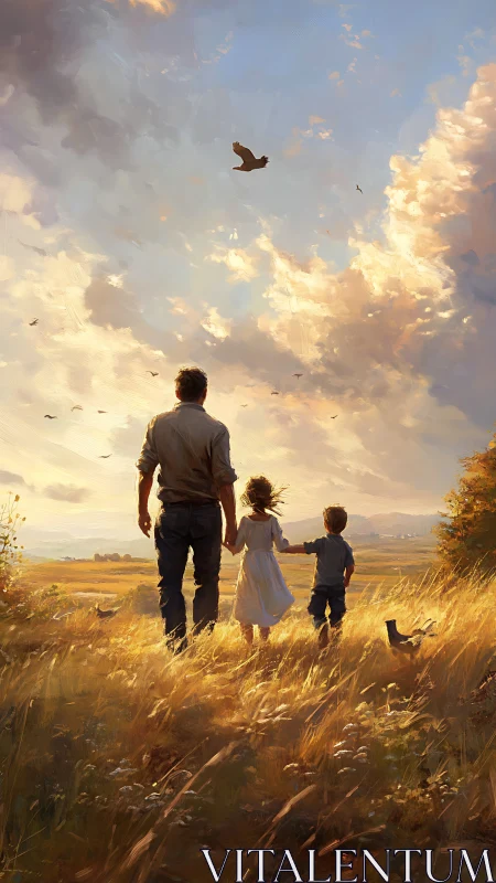 Golden hour stroll shows a tender parent and children moment