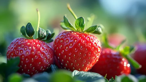 Ripe garden strawberries glisten under soft morning sunlight