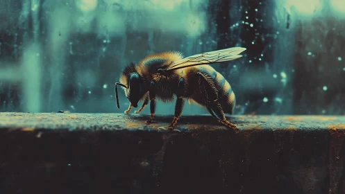 Macro bee rests on wet ledge under cool teal backlight