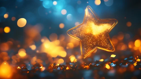 Luminous glass star sculpture in vivid bokeh field.