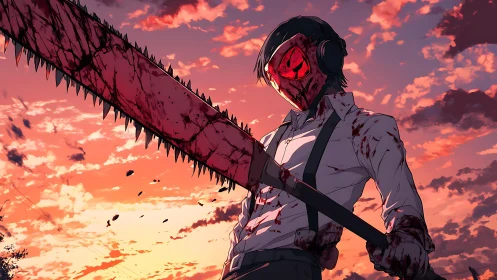 Bloodstained chainsaw warrior against incendiary sunset sky.