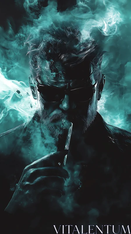 Silhouetted male figure holds device amid teal smoke