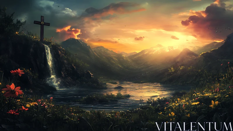 Golden sunset bathes a tranquil mountain valley and lake