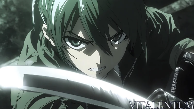 Green haired anime fighter holds sword in tense close up.