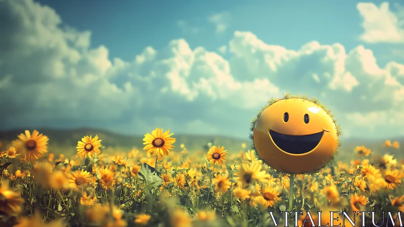 Digital painting of smiley orb within luminous daisy meadow.