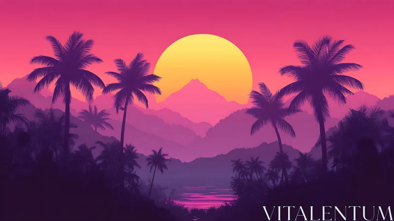 Neon tropical sunset over mountains and palm silhouettes.