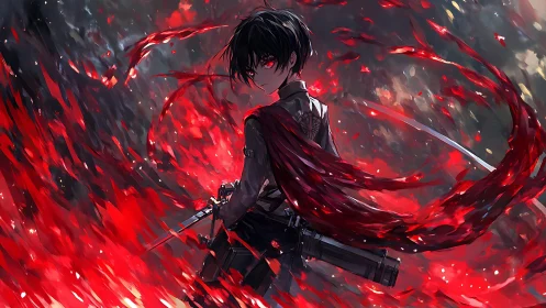 Crimson energy swirls around a determined anime warrior hero