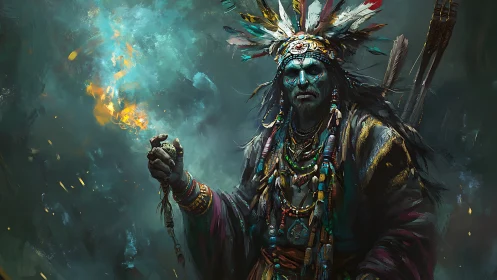 Mystic tribal shaman ignites spectral fire in stormed void.