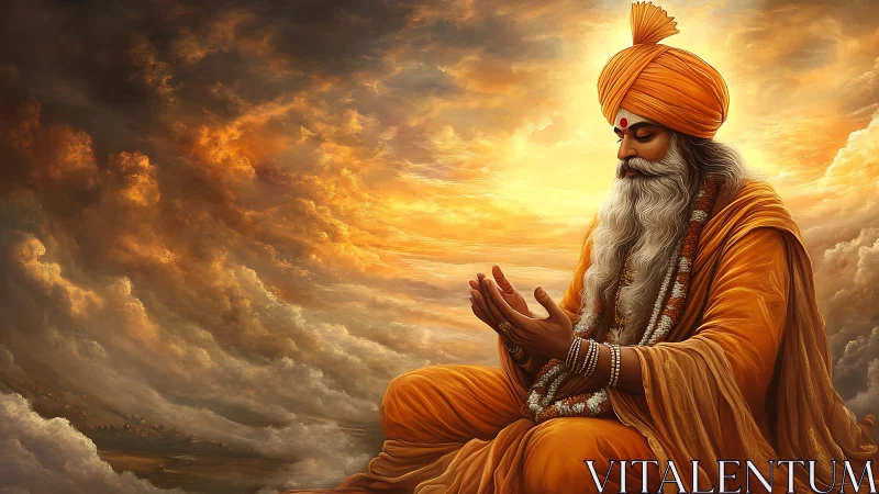 Mystic sage in golden meditation beneath radiant skies.