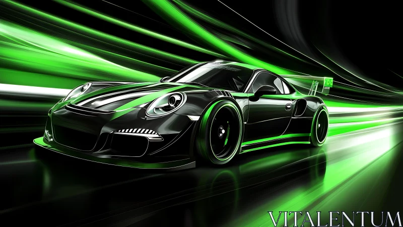 Black and green sports car rendered with dynamic motion trails