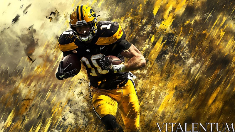 American football player runs forward through abstract field