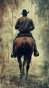 Weatherworn cowboy rides into a painterly dusk of grit.