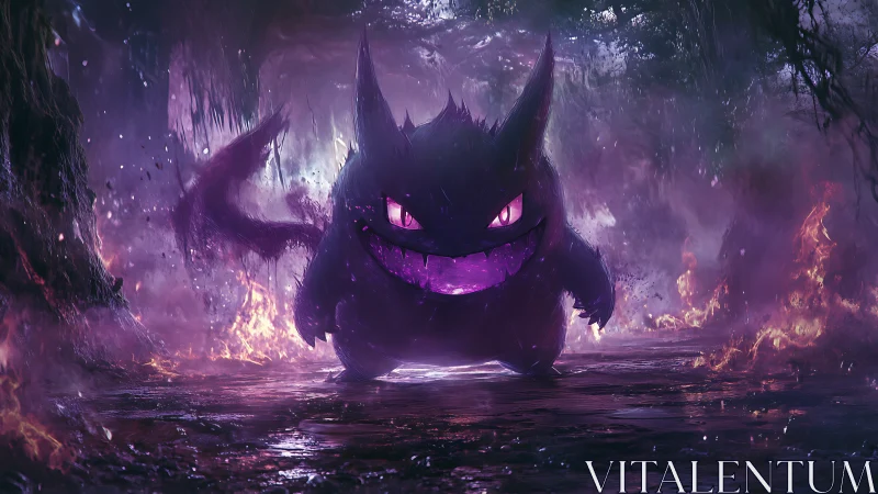 Ghost-like creature in purple mist within burning cavern.