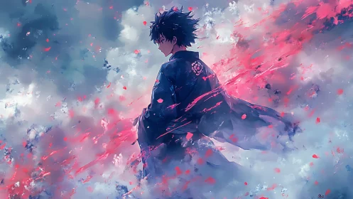 Anime boy in dark robe stands amid swirling red clouds