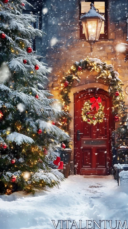 Snowy Christmas doorway with wreath and lit tree at night.