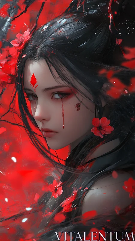 Crimson blossoms circle a sorrow-marked warrior&rsquo;s gaze
