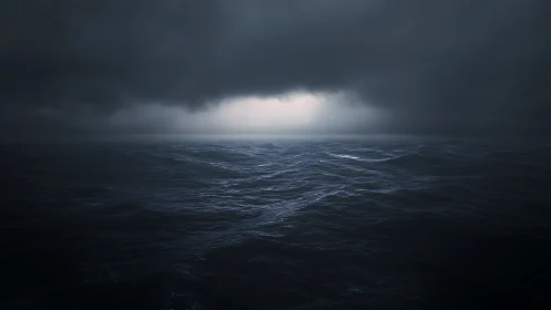 Dark ocean waves extend under dense storm clouds.