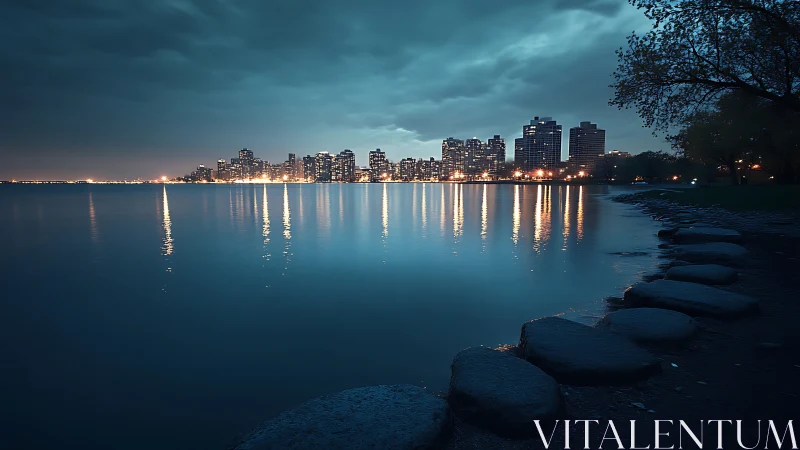 Urban waterfront skyline reflects across calm evening water