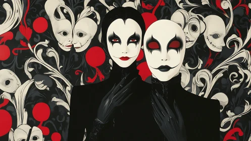 Dual monochrome masquerade figures amid baroque skull arabesques.